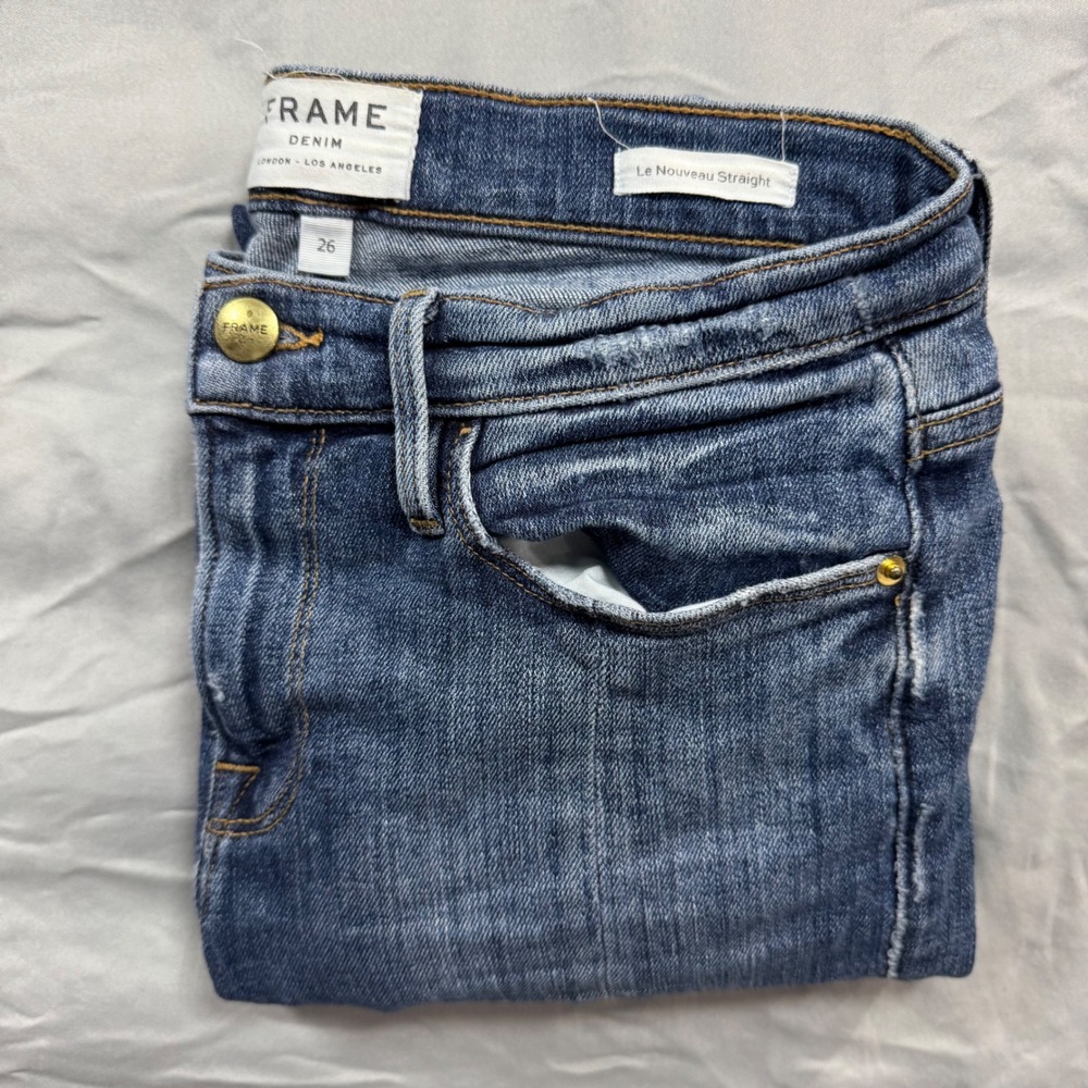 FRAME Le Nouveau Straight Jeans Women's 26 Sheffield Blue Distressed Split Hem